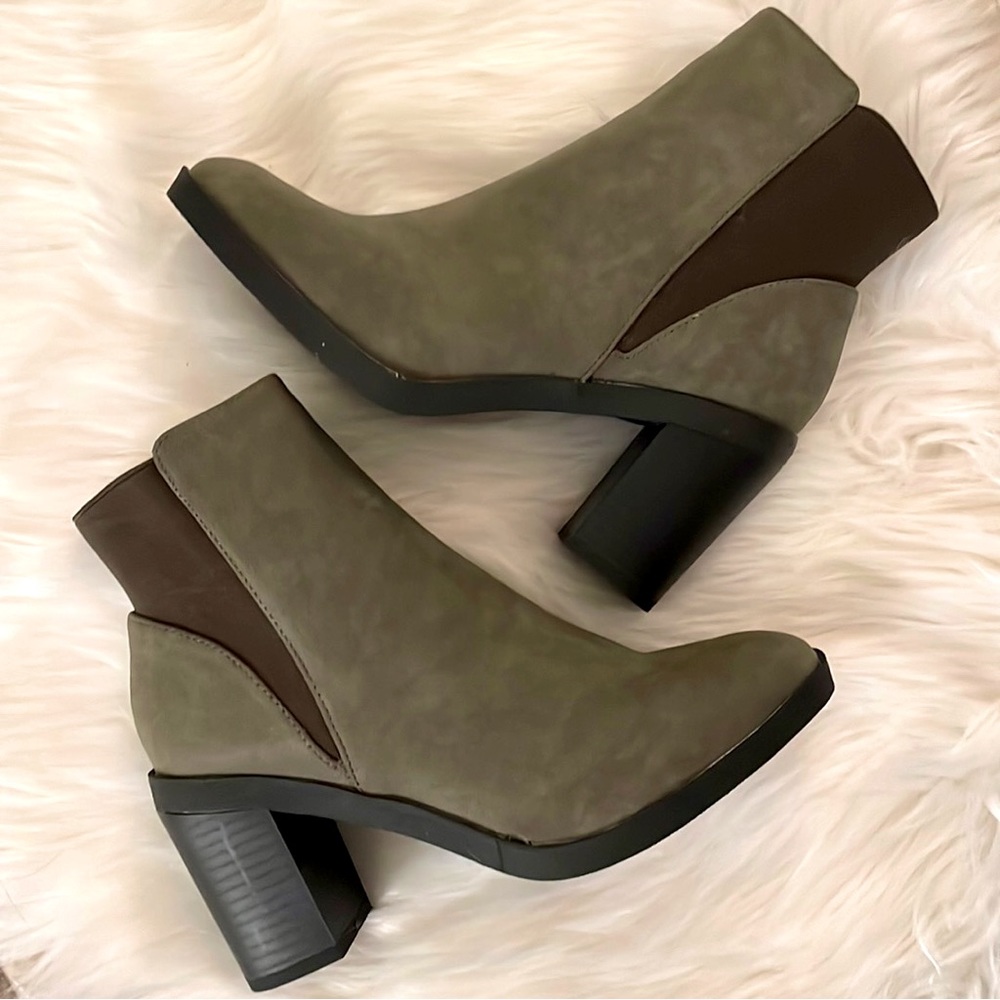 Olive Green Heeled Ankle Boots, Vegan Leather, Brand New in Box